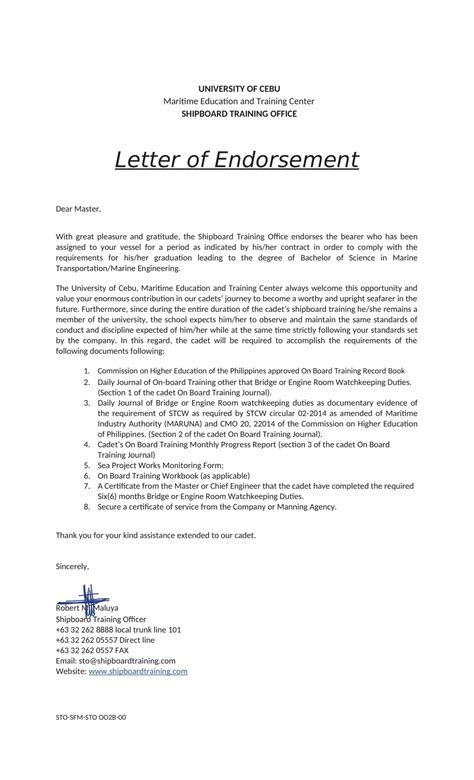 Sample Endorsement Letter .